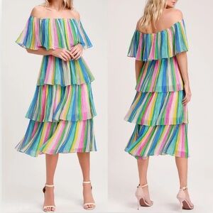 Lulus Gala Ready Multi Stripe Print Off-the-Shoulder Ruffle Midi Dress
